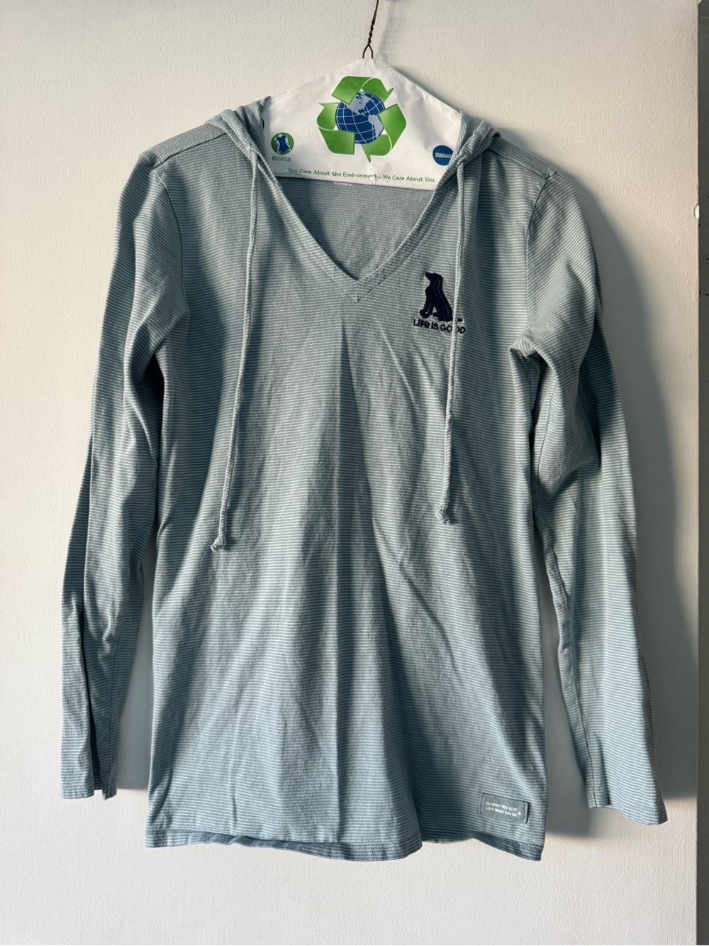 Women’s Long-Sleeve Hooded V-Neck Top in seafoam green
